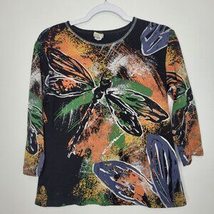Jess & Jane dragonfly 3/4 sleeve art to wear grunge artsy cotton funky top med